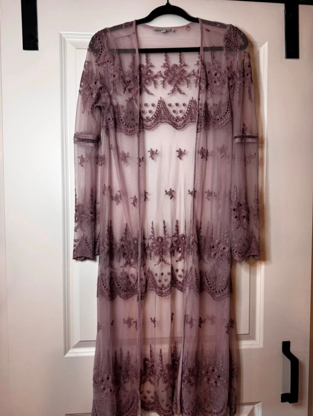 Haute Monde Mauve Lace Mesh Duster Long Sleeve Floral Eyelet size M boho
